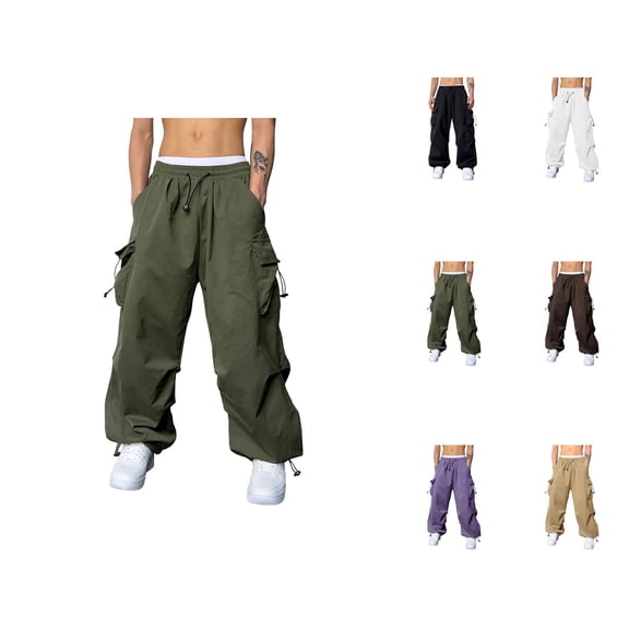 Men's Baggy Cargo Pants 2026 Fashion Elastic Waist Drawstring Loose Fit Parachute Pants with Pockets Harem Joggers Streetwear