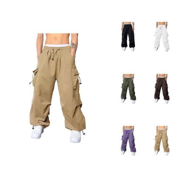 Men's Baggy Cargo Pants 2026 Fashion Elastic Waist Drawstring Loose Fit Parachute Pants with Pockets Harem Joggers Streetwear