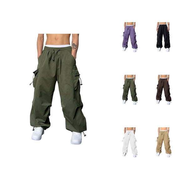 Men's Baggy Cargo Pants 2026 Trendy Drawstring Elastic Waist Loose Fit Parachute Pants with Pockets Harem Joggers Streetwear