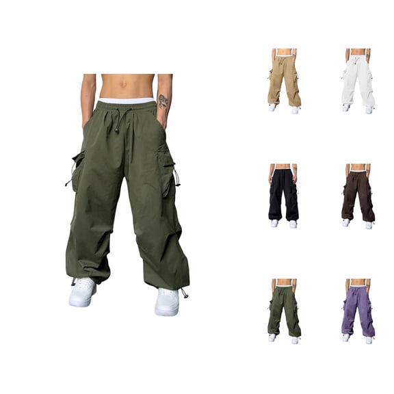 Men's Baggy Cargo Pants 2026 Trendy Elastic Waist Drawstring Loose Fit Parachute Pants with Pockets Harem Joggers Streetwear