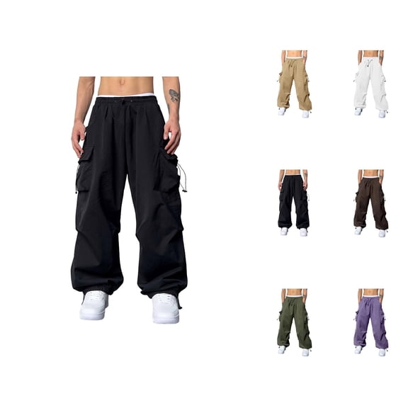 Men's Baggy Cargo Pants 2026 Trendy Elastic Waist Drawstring Loose Fit Parachute Pants with Pockets Harem Joggers Streetwear