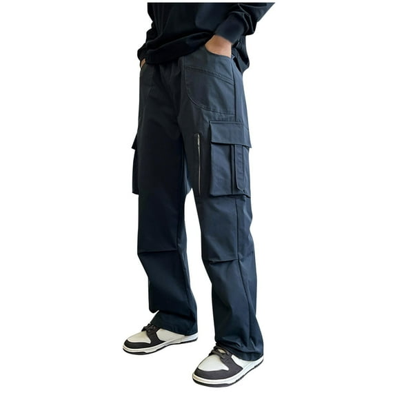 Men's Baggy Cargo Pants Plus Size Cotton Loose Fit With Pockets Solid Color Full Length Pants Gray