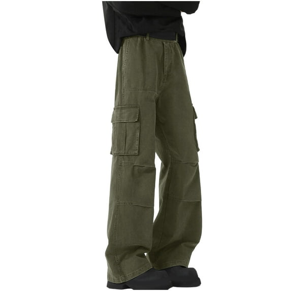 Men's Baggy Cargo Pants Plus Size Cotton Loose Fit With Pockets Solid Color Full Length Pants Olive Green
