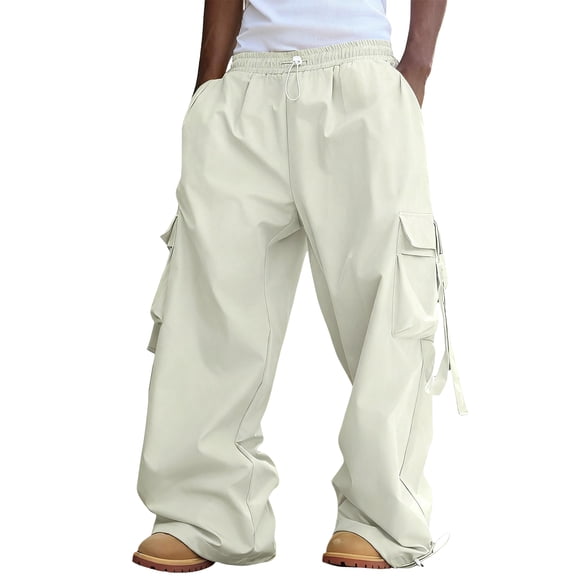 Men's Baggy Cargo Pants Wide Leg Parachute Pants with Pocket Streetwear - Stylish for Urban Fashion with Loose Fit and Modern Aesthetic,Beige,S
