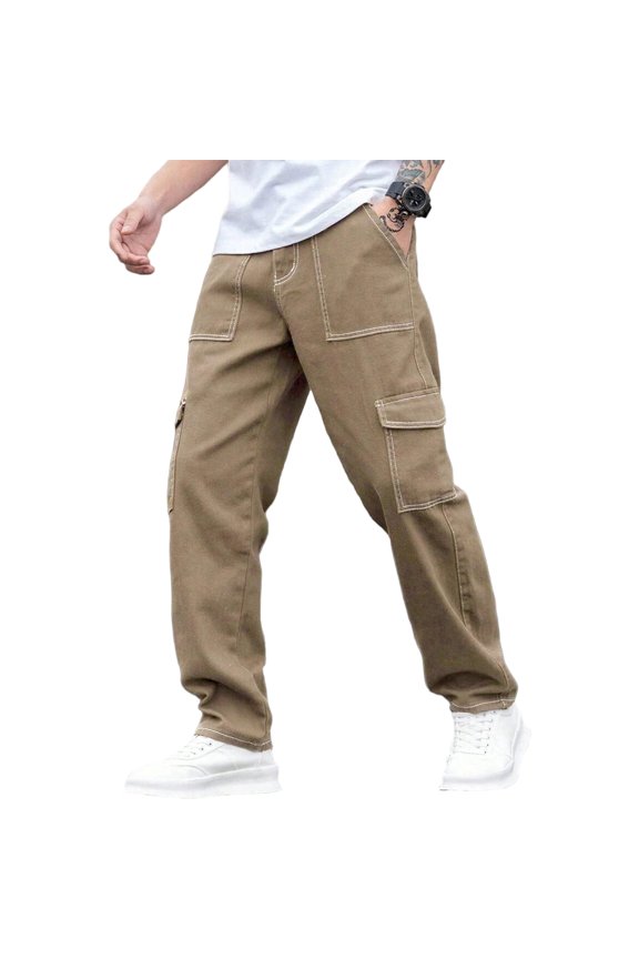 Men's Baggy Casual Wide Leg Cargo Pants Elastic Waist Designer Drippy Streetwear Trousers with Pockets Lightweight Comfort Fit,Khaki,S