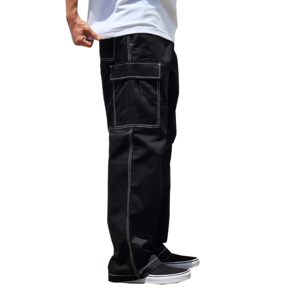Men's Baggy Classic Utility Twill Workwear Multi Pocket Cargo Pants (Black(White Stitch), 40W x 32L)