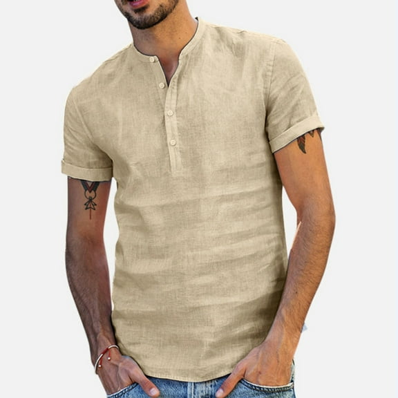 Men's Baggy Cotton And Linen Solid Short Sleeve V-Neck T-Shirts Tops Blouse