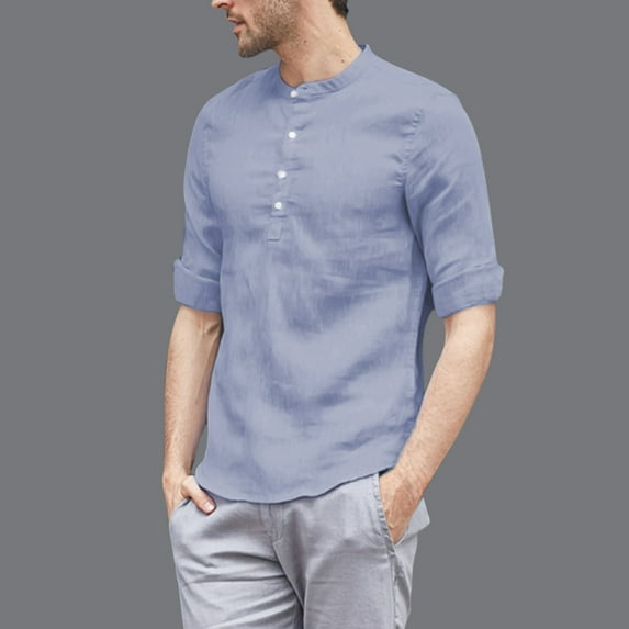 Men's Baggy Cotton Solid Three Quarter Sleeve Pocket Mock Neck Shirts Blue XXL