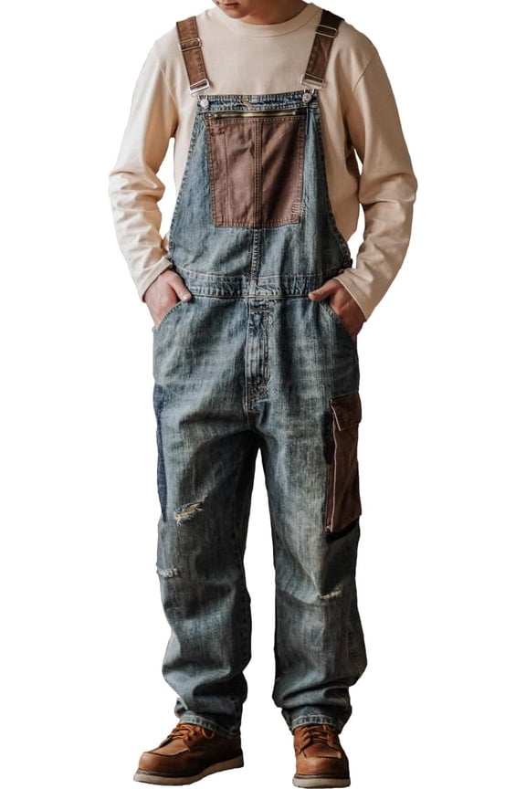 Men's Baggy Denim Bib Overalls Distressed Fashion Loose Fit Jean with Cargo Pockets