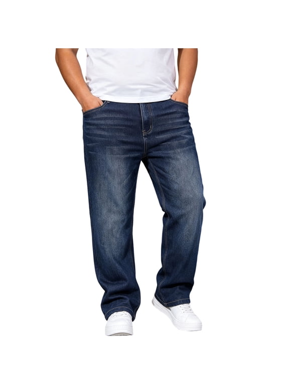Men's Baggy Denim Pants Elasticated Waist Jeans Business Work Casual Pant Lightweight Drawstring Trousers Classic Jean Straight Leg Smart Trouser with Pockets