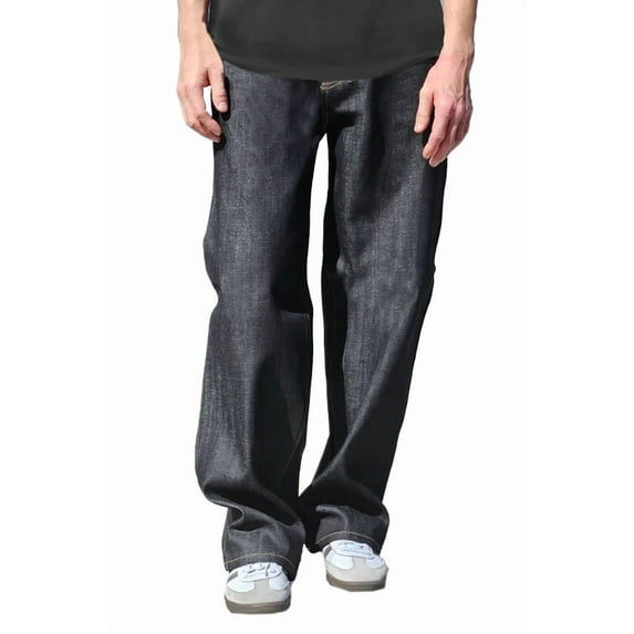 Men's Baggy Fit Streetwear Cotton Jeans Straight Leg Denim Pants MADE IN USA (Indigo Black Gold, 30W x 32L)