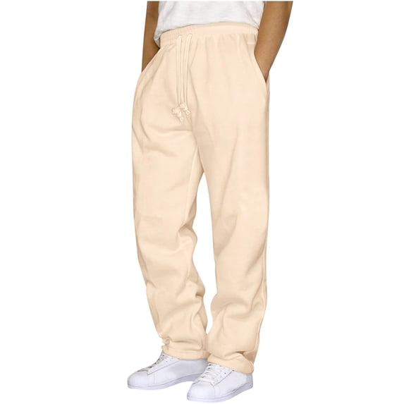 Men's Baggy Fleece Workout Sweatpants with Pockets Drawstring Lounge Athletic Running Pants Beige L