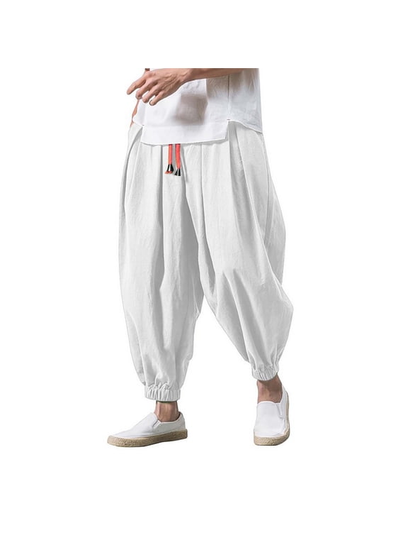 Men's Baggy Harem Pants Loose fit Elastic Waist Drawstring Casual Linen Hippie Dance Trousers with Pockets