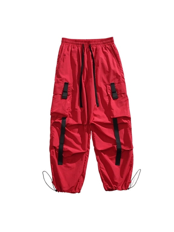 Men's Baggy Hiking Cargo Pants Outdoor Lightweight Water Resistant Parachute Pants Comfort Adjustable Drawcord Cuffs Flexible Elastic Waist Multi-Pocket