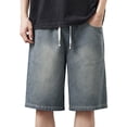 thumbnail image 1 of Men's Baggy Jean Shorts Below Knee Length Loose Fit Denim Shorts Y2K Streetwear Jorts 90s Vintage Wide Leg Short Pants, Elastic Waist Drawstring, 1 of 7