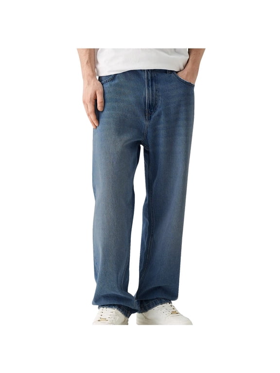 Men's Baggy Jeans Vintage Low Rise Wide Leg Denim Pants with Pockets Stretchy Loose Fit Straight Leg Y2k Hip Hop 90s Streetwear