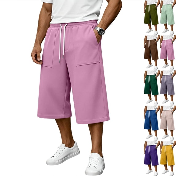 Men's Baggy Lounge Capri Pants Cotton Long Below Knee Stretchable Sweat Shorts Athletic Casual Straight Wide Legs Pants with Pockets Pink L