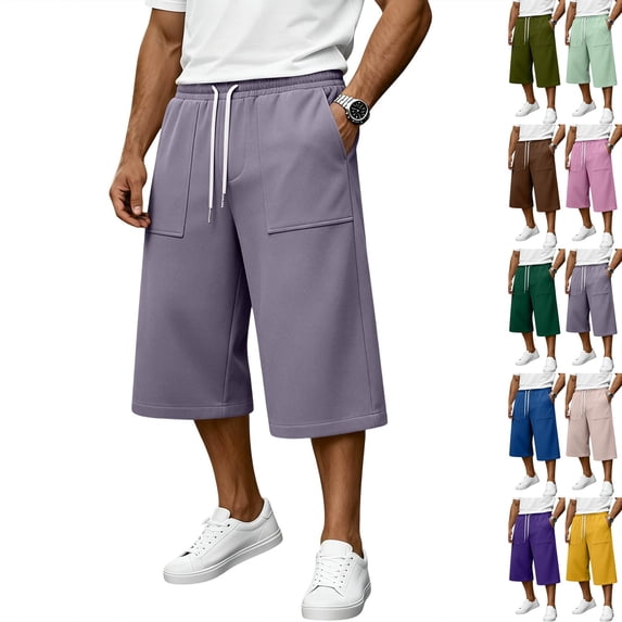 Men's Baggy Lounge Capri Pants Cotton Long Below Knee Stretchable Sweat Shorts Athletic Casual Straight Wide Legs Pants with Pockets Purple L