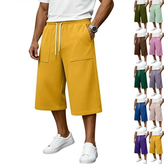 Men's Baggy Lounge Capri Pants Cotton Long Below Knee Stretchable Sweat Shorts Athletic Casual Straight Wide Legs Pants with Pockets Yellow M