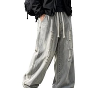 Men's Baggy Ripped Jeans Y2k Wide Leg Grunge Skater Pants Vintage Loose Fit Drawstring Distressed Jeans for Men