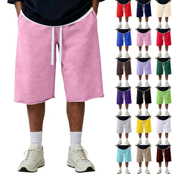Men's Baggy Sweat Shorts 2026 Fleece Cotton Y2k Shorts Casual Under Knee Shorts Hem Gym Shorts with Pockets Pink M