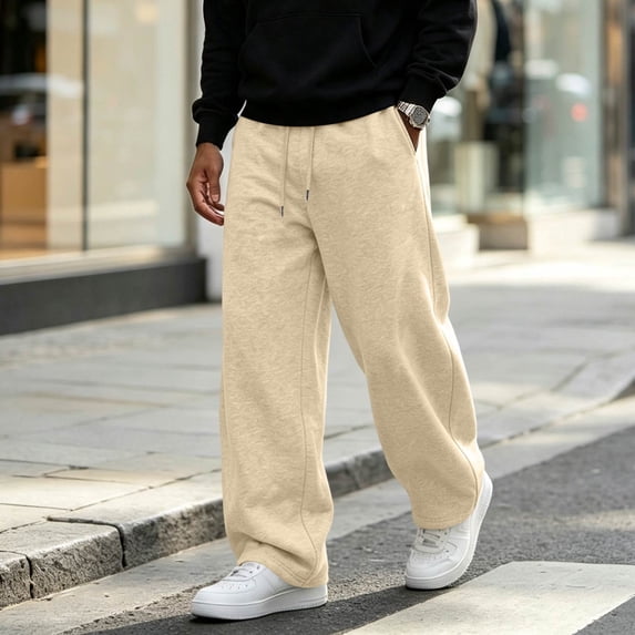Men's Baggy Sweatpants Drawstring Waist Wide Leg Pants Loose Fit Casual Streetwear Fall Winter Trousers with Pockets Beige M