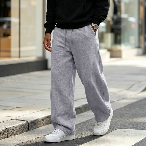 Men's Baggy Sweatpants Drawstring Waist Wide Leg Pants Loose Fit Casual Streetwear Fall Winter Trousers with Pockets Gray XL