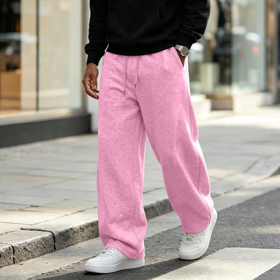 Men's Baggy Sweatpants Drawstring Waist Wide Leg Pants Loose Fit Casual Streetwear Fall Winter Trousers with Pockets Pink M