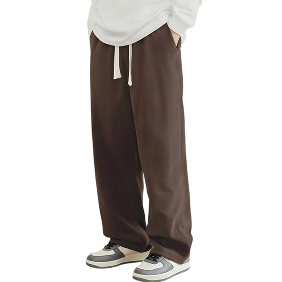 Men's Baggy Sweatpants Elastic Waist Drawstring Cotton Lounge Pants with Pockets Wide Leg Uncuffed Track Pants Coffee M