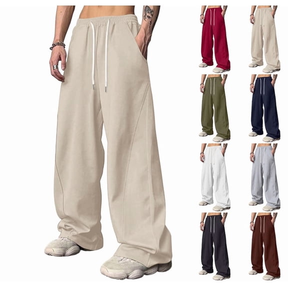 Men's Baggy Sweatpants Elastic Waist Drawstring Wide Leg Sweatpants Casual Loose Baggy Joggers with Pockets,Beige XXL