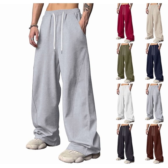 Men's Baggy Sweatpants Elastic Waist Drawstring Wide Leg Sweatpants Casual Loose Baggy Joggers with Pockets,Light Gray M