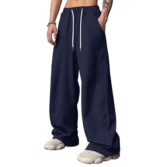 Men's Baggy Sweatpants Elastic Waist Drawstring Wide Leg Sweatpants Casual Loose Baggy Joggers with Pockets Dark Blue XL