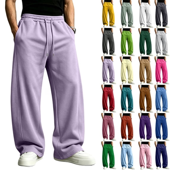 Men's Baggy Sweatpants Fleece Wide Leg Lounge Pants Drawstring Waist Loose Fit Cotton Jogging Sweat Pants with Pockets Light Purple 2XL