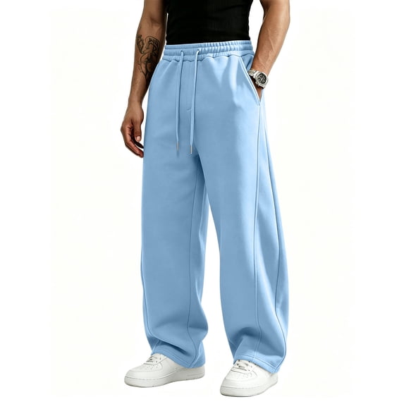 Men's Baggy Sweatpants Heavyweight Wide Leg Drawstring Sweat Pants,Casual Lounge Joggers with Pockets Slacks Light Blue L