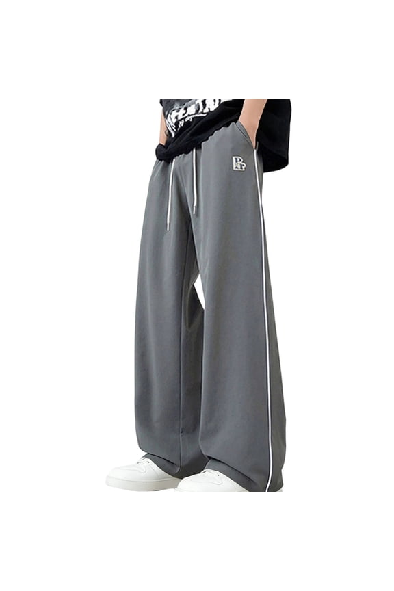Men's Baggy Sweatpants Side Stripe Elastic Waist Drawstring Wide Leg Sweatpants Casual Loose Joggers with Pockets and Embroidery Big and Tall Size L-6XL Dark Gray
