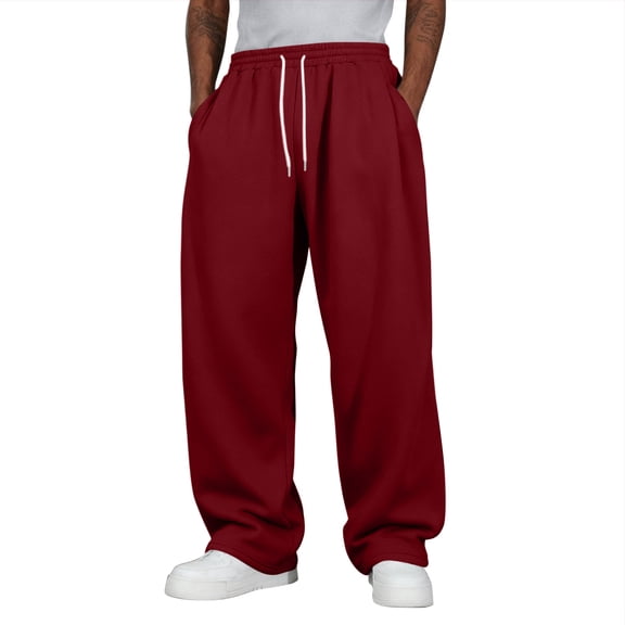 Men's Baggy Sweatpants Wide Leg Barrel Sweat Pants Drawstring Elastic Waist Loose Fit Slacks with Pockets Red L