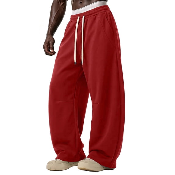 Men's Baggy Sweatpants Wide Leg Barrel Sweat Pants Drawstring Elastic Waist Loose Fit Slacks with Pockets, S