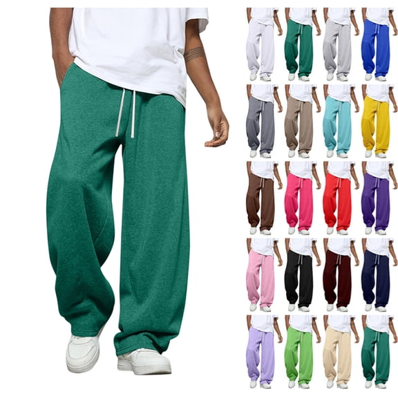 Men's Baggy Sweatpants Wide Leg Drawstring Waist Joggers Casual Loose Sweat Pants with Pockets Dark Green M