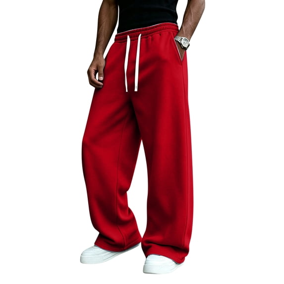 Men's Baggy Sweatpants Wide Leg Lounge Athletic Pants Drawstring Waist Loose Fit Jogging Trousers with Pockets Red 2XL