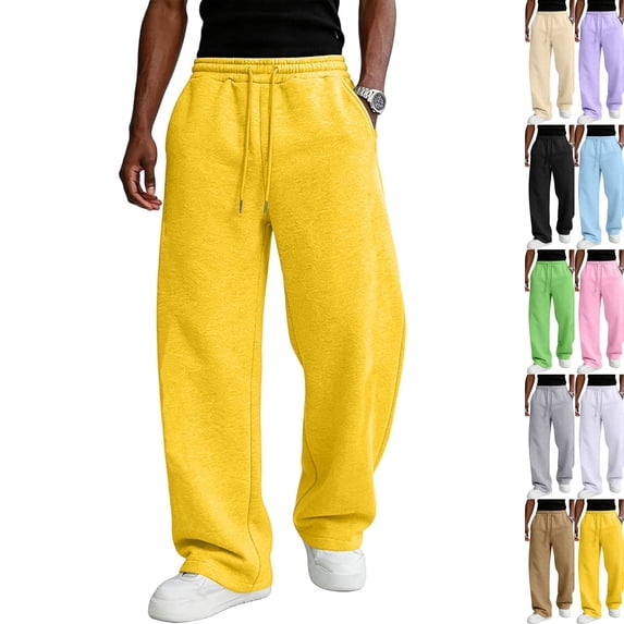 Men's Baggy Sweatpants Wide Leg Lounge Cotton Casual Jogging Pants With Pockets | High Waist Drawstring,Open Bottom,Workout Athletic Outfits Yellow 3XL