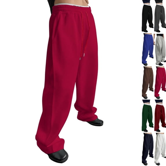 Men's Baggy Sweatpants Wide Leg Lounge Cotton Jogging Pants Casual Elastic Waist Joggers with Pockets Red XL