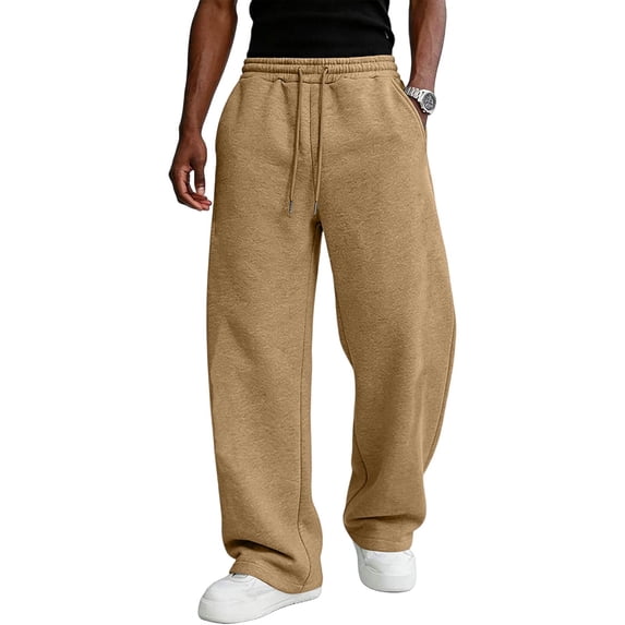 Men's Baggy Sweatpants Wide Leg Lounge Pants Drawstring Waist Loose Fit Jogging Trousers with Pockets Khaki 2XL