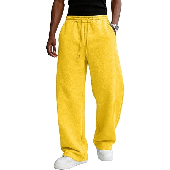 Men's Baggy Sweatpants Wide Leg Lounge Pants Drawstring Waist Loose Fit Jogging Trousers with Pockets Yellow 3XL