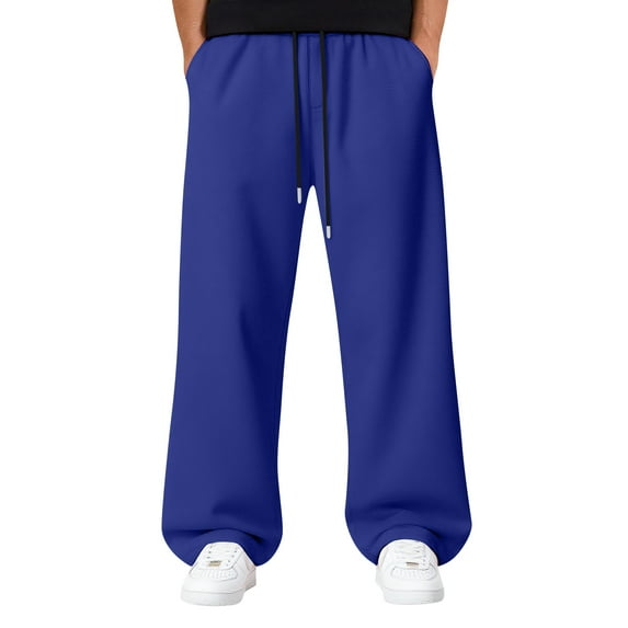Men’s Baggy Sweatpants with Elastic Drawstring Waist, Wide-Leg Casual Loose Cotton Joggers with Deep Pockets Blue L