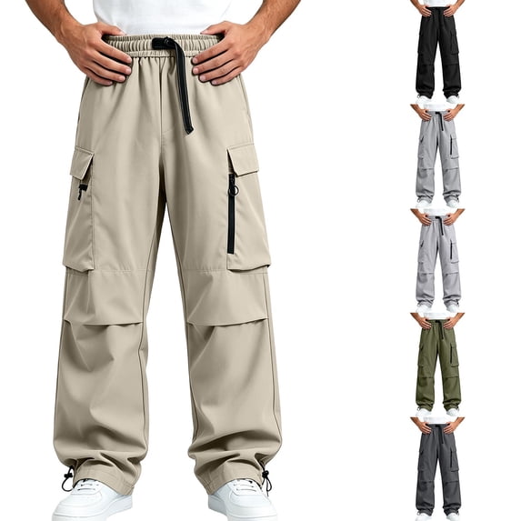 Men's Baggy Wide Leg Cargo Pants for Hiking Work Travel, Parachute Pants Elastic Waistband Quick Dry Lightweight Capming Pants with Large Flap Pockets