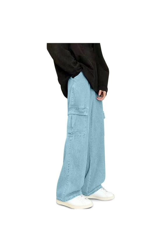 Men's Baggy Wide Leg Jeans Y2K Hip Hop Cargo Vintage Streetwear Oversized Denim Pants with Big Pockets