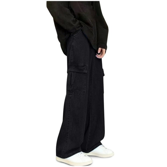 Men's Baggy Wide Leg Jeans Y2K Hip Hop Cargo Vintage Streetwear Oversized Denim Pants with Big Pockets