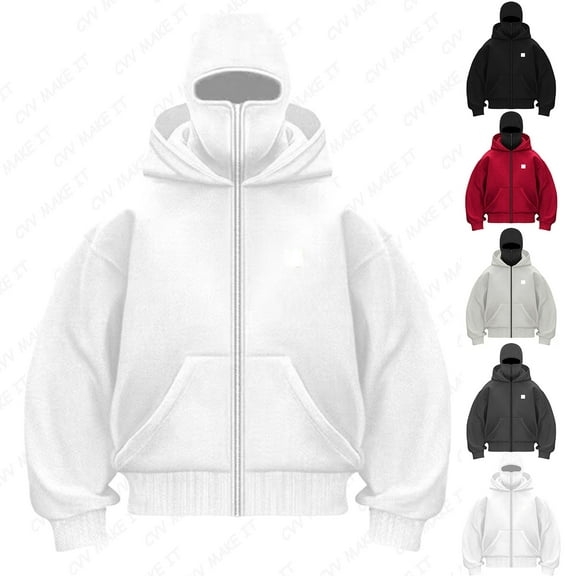Men's Balaclava Double Hoodie Sweatshirt with Zipper with Face Mask Hoodies Balaclava Double Hooded Sweatshirt Wind-Resistant Outdoor Athletic Hip Hop Y2k Clothing for Men and Women,White 3XL