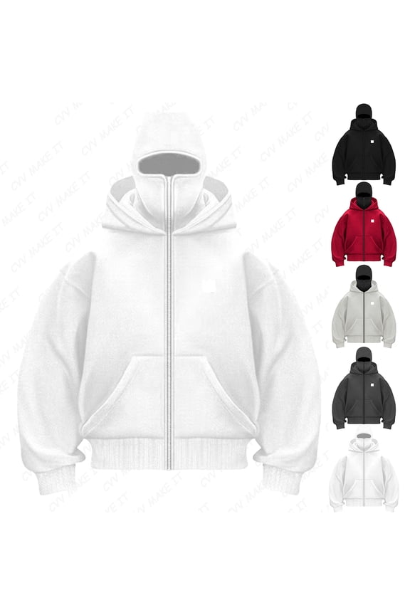 Men's Balaclava Double Hoodie Sweatshirt with Zipper with Face Mask Hoodies Balaclava Double Hooded Sweatshirt Wind-Resistant Outdoor Athletic Hip Hop Y2k Clothing for Men and Women,White 3XL