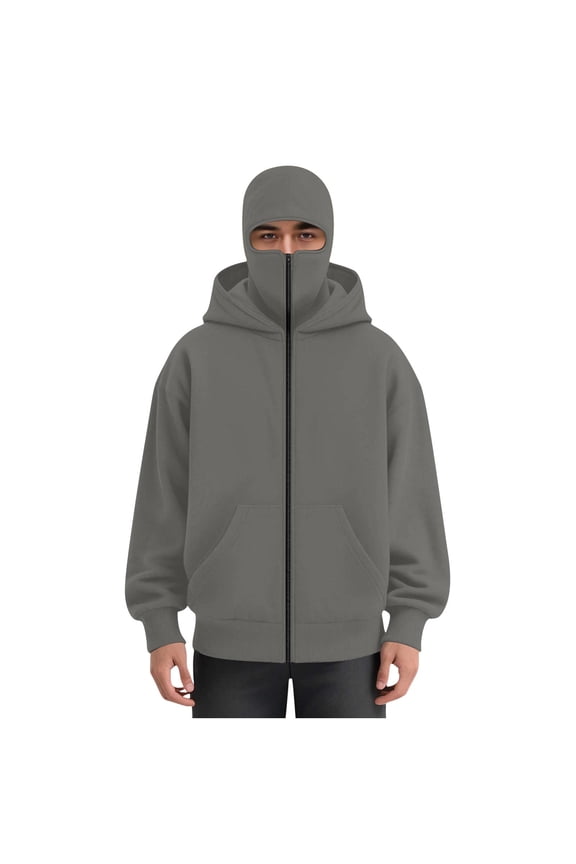 Men's Balaclava Hoodie with Face Mask Zip Up Ski Jacket Double Hooded Sweatshirt Windproof Athletic Coat